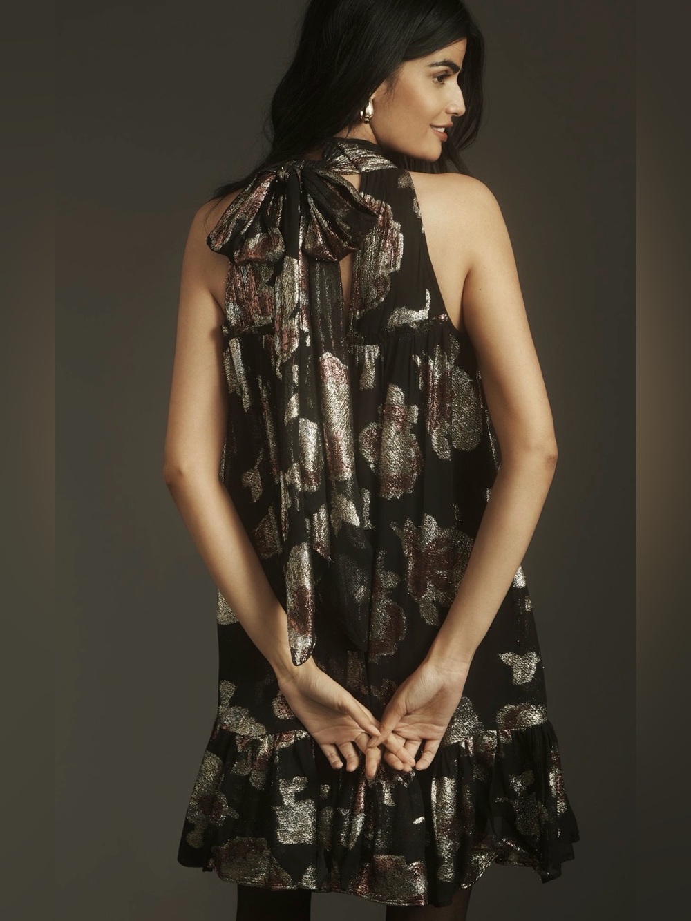 NWT Maeve by Anthropologie Halter Shine Swing Mini Dress Metallic Floral XL